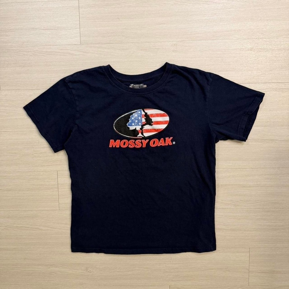 Mossy Oak Blue American Flag Tree Logo Short Sleeve Shirt Mens Size XL Hunting